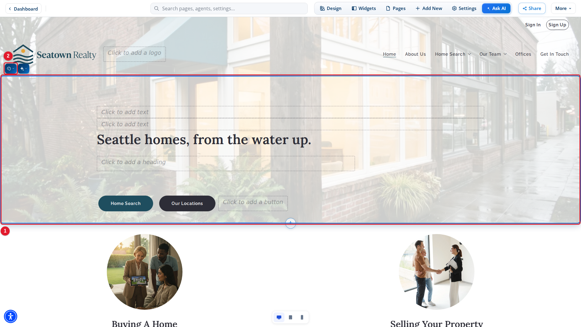 The homepage hero with its toolbar in Site Edit
