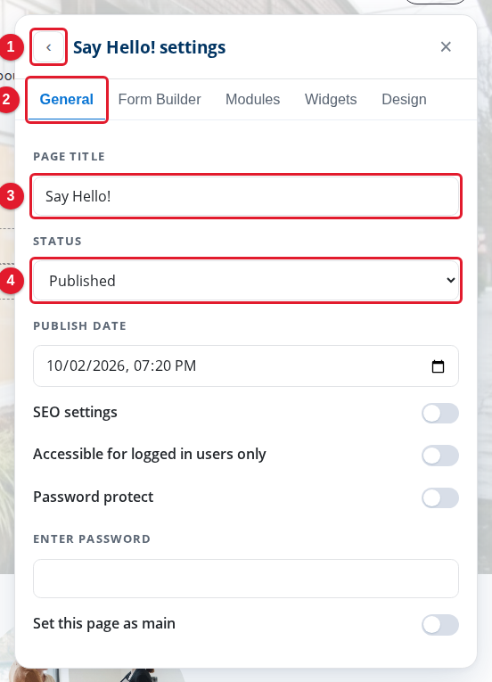 The settings of a page