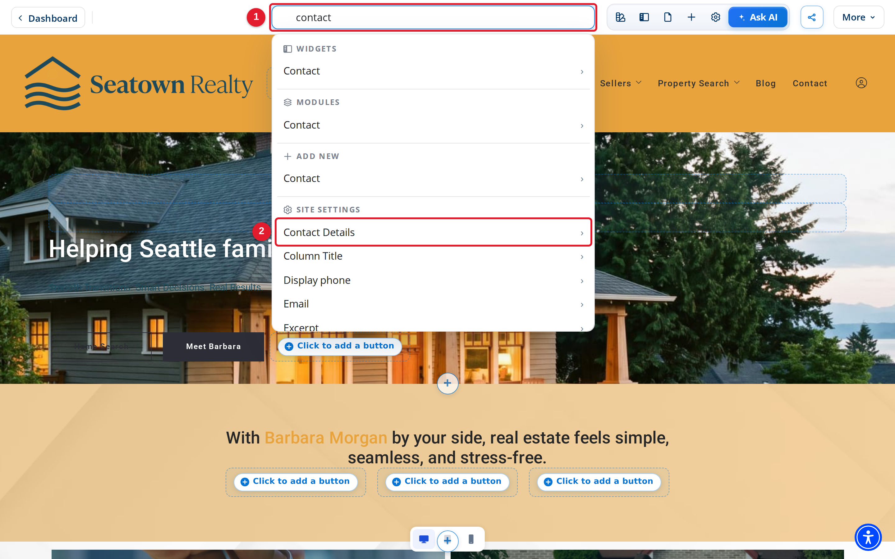 Search results for the keyword contact, grouped by type.