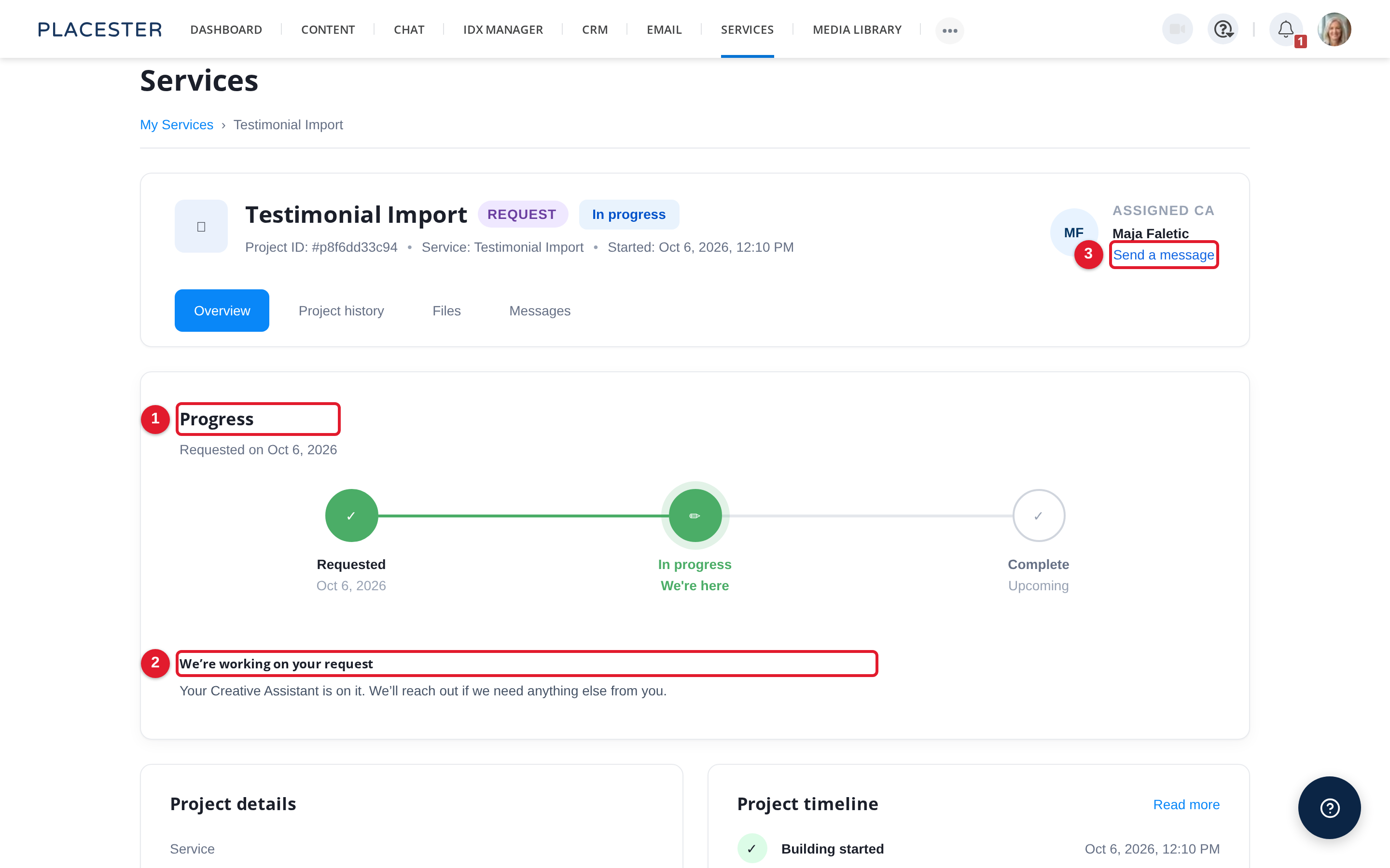 Simple service project page showing progress steps and Send a message button