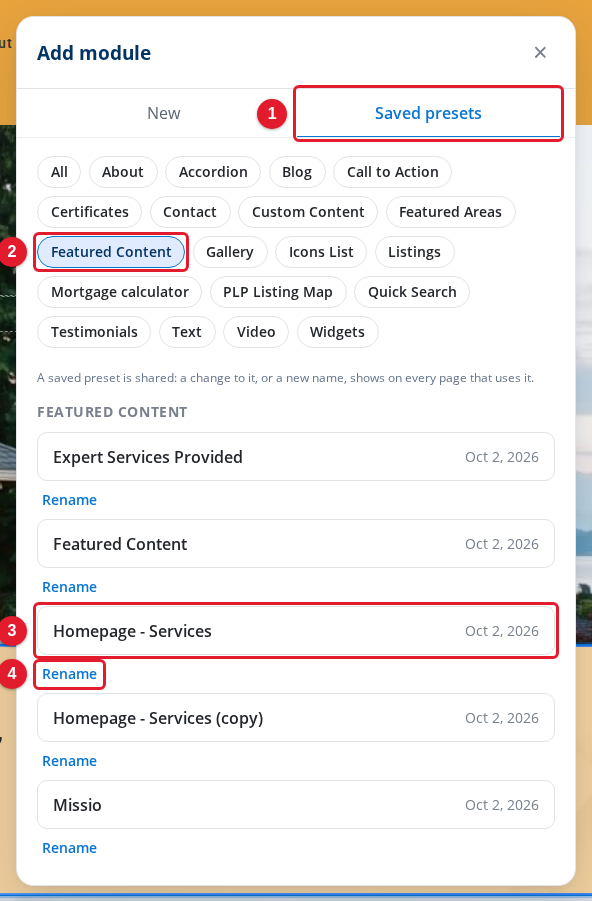 The Saved presets tab of the Add module panel