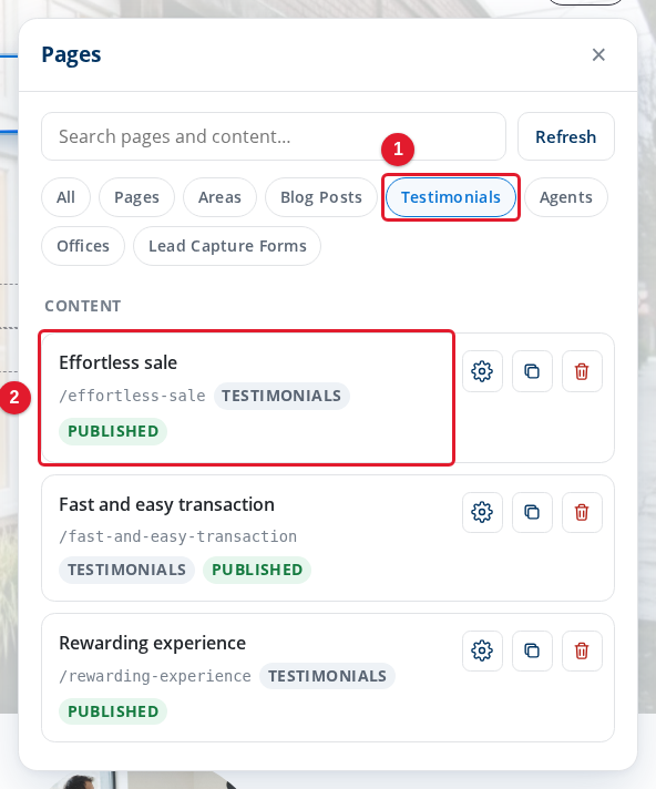 The Pages panel with the Testimonials filter