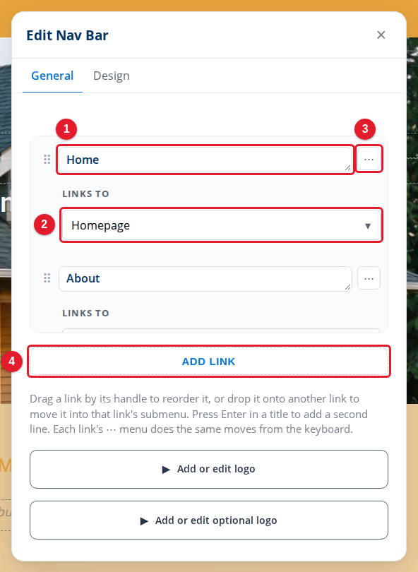 The General tab of the Edit Nav Bar panel