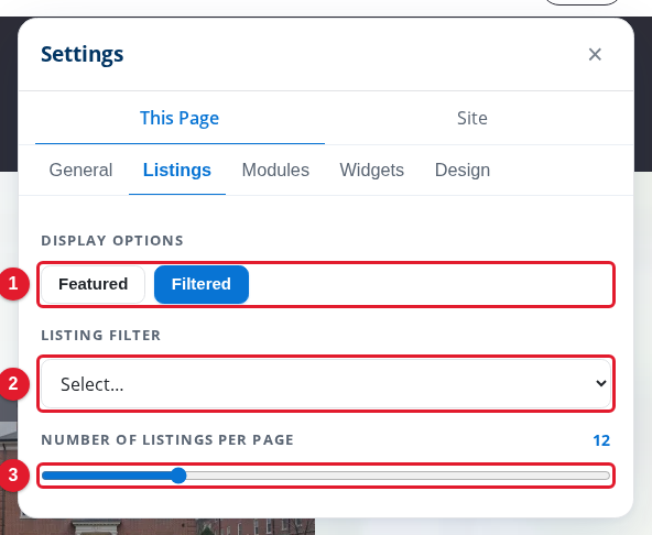 The Listings tab of a Listings page, with Filtered selected