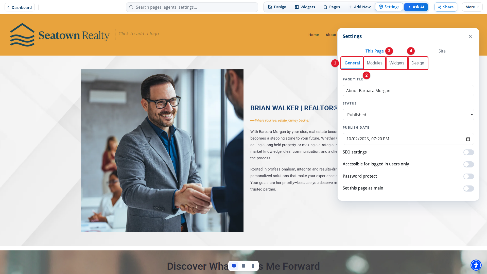 The four tabs in the page editor
