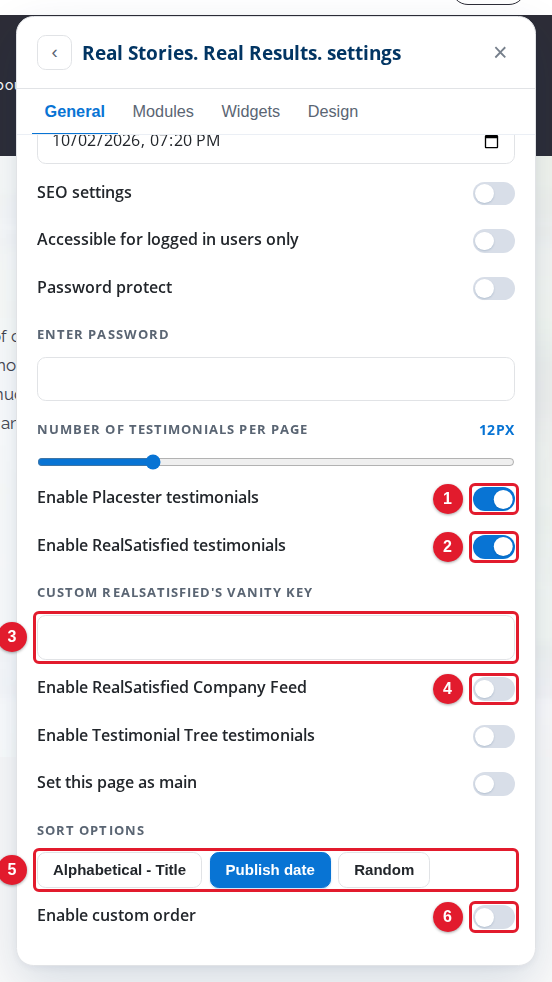 The testimonial controls on the General tab of the page settings