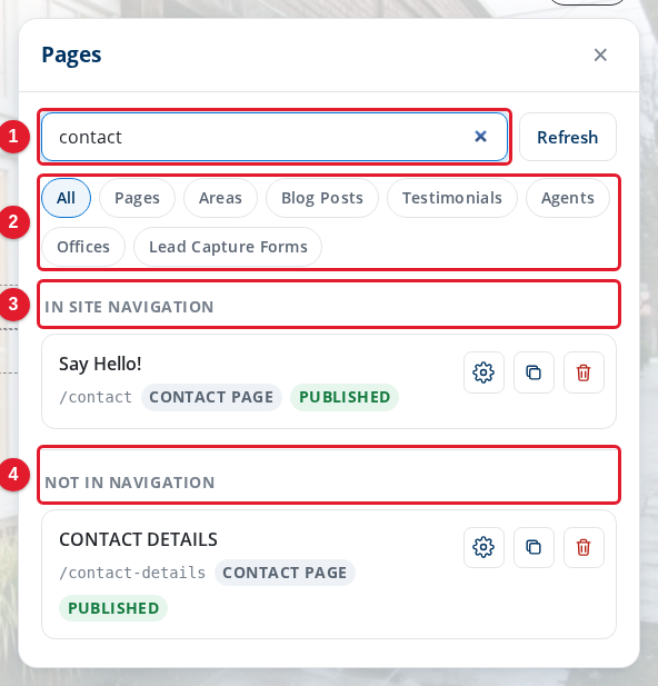The Pages list searched for the word contact