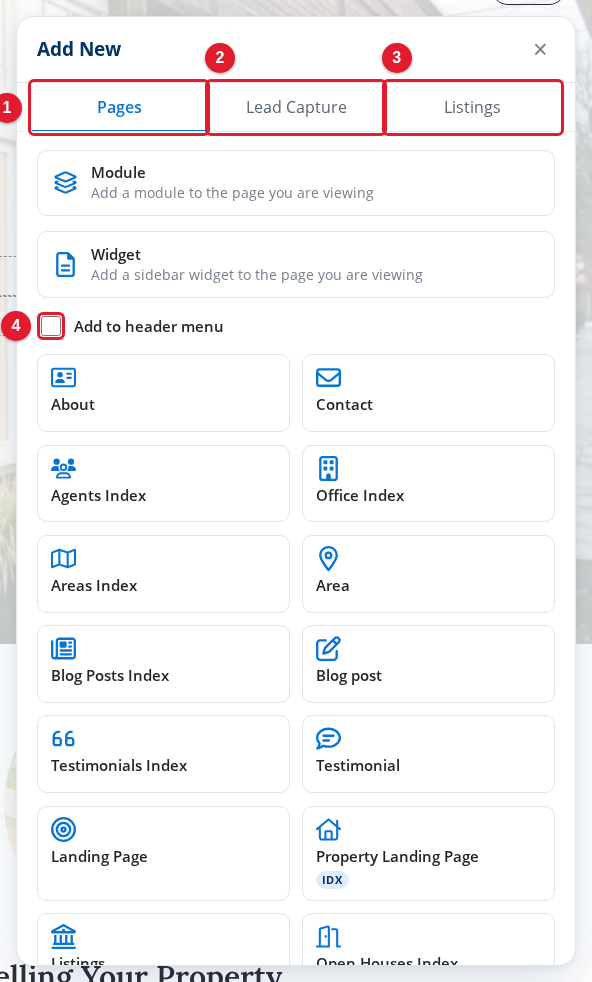 The Add New panel on the Pages tab