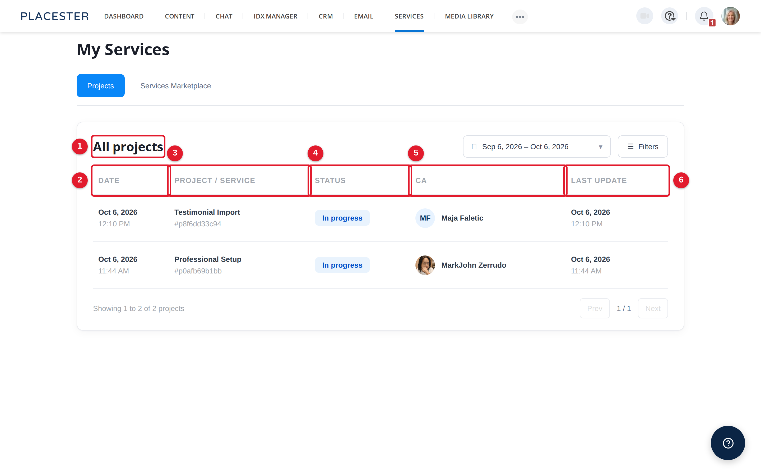 My Services All projects list with project columns and statuses