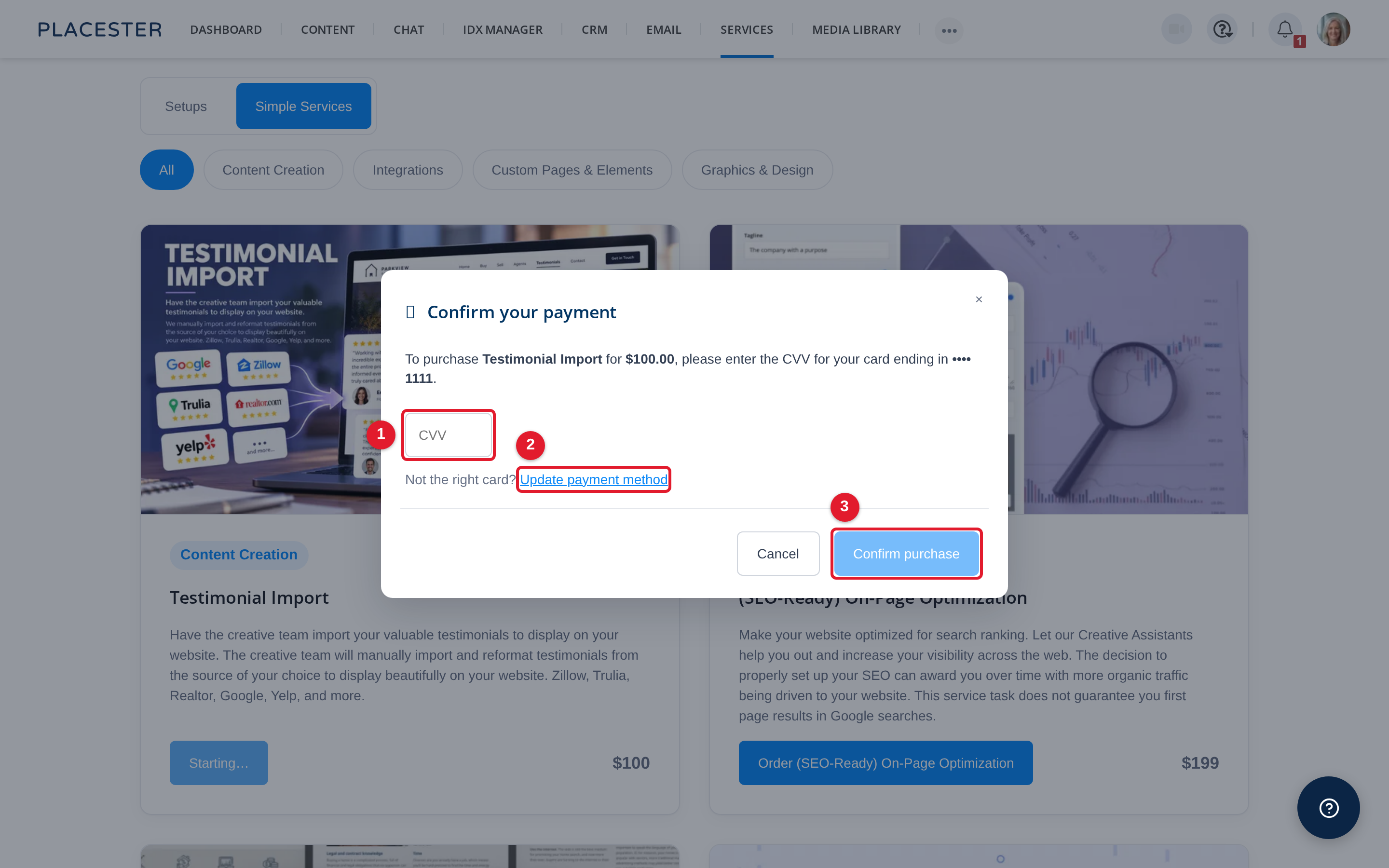 Confirm your payment window with CVV field, Update payment method, and Confirm purchase