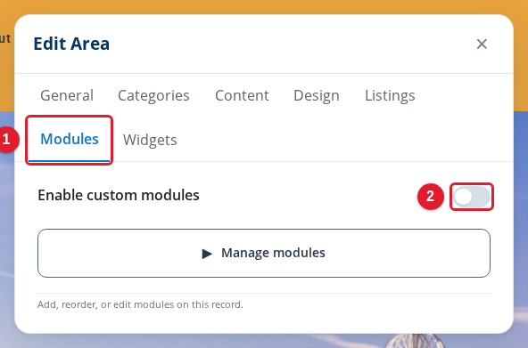 The Modules tab of the Edit Area panel