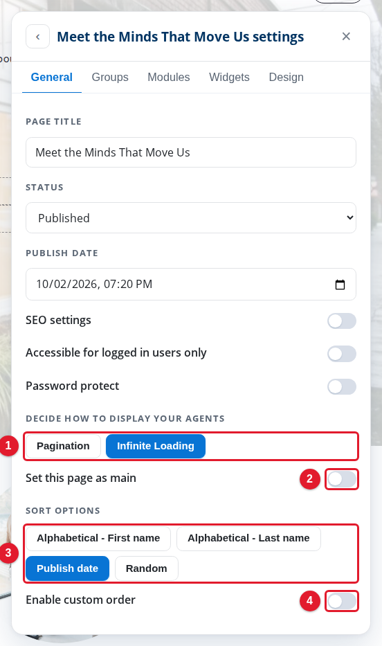 The agent controls on the General tab of the page settings