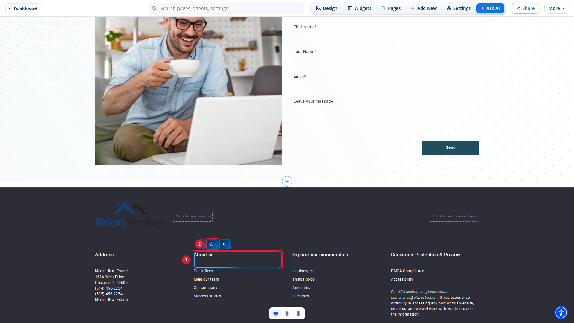 The footer with its toolbar in Site Edit