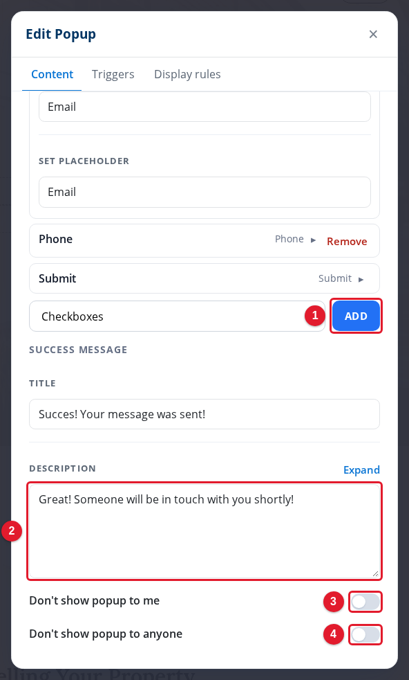 The success message and the hide switches