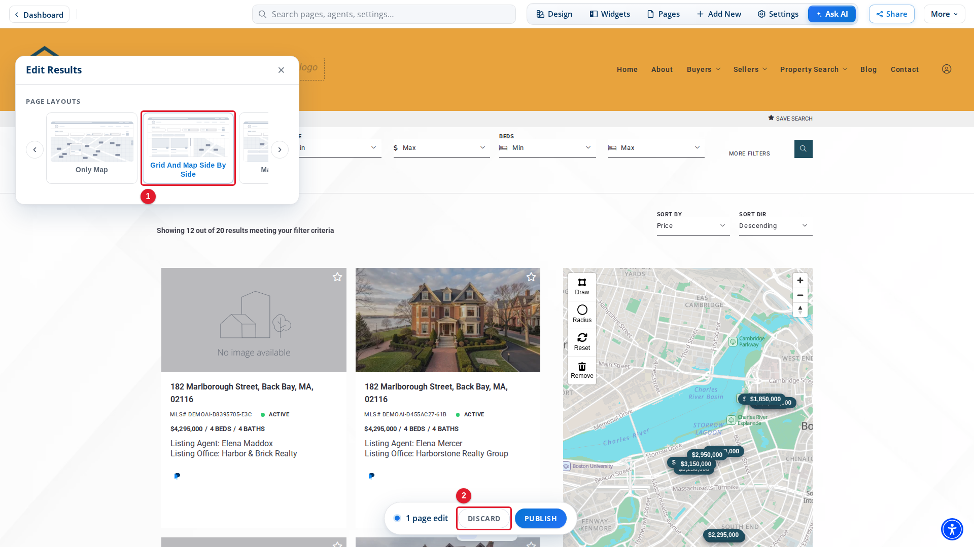 The search results page with Grid And Map Side By Side