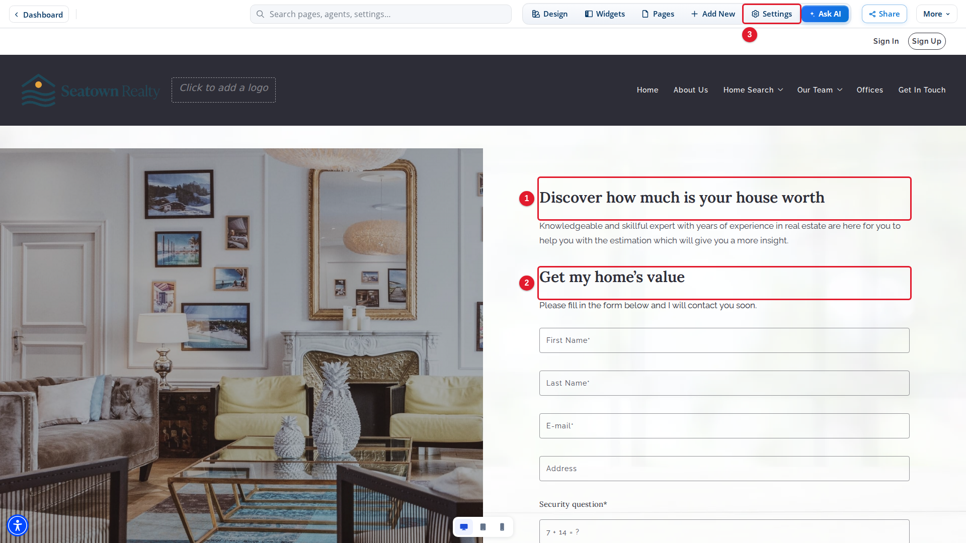 A home valuation page in Site Edit