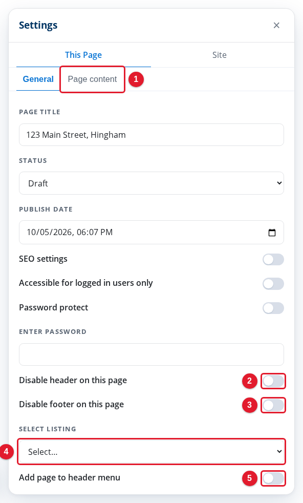 The General tab of the page settings