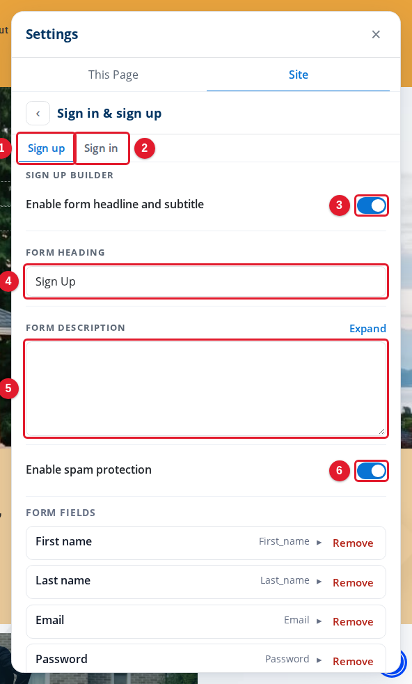 The top of the Sign up tab
