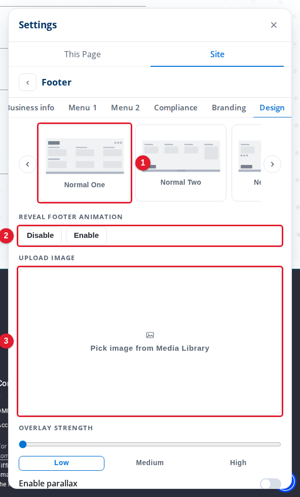 The Design tab of the Footer settings