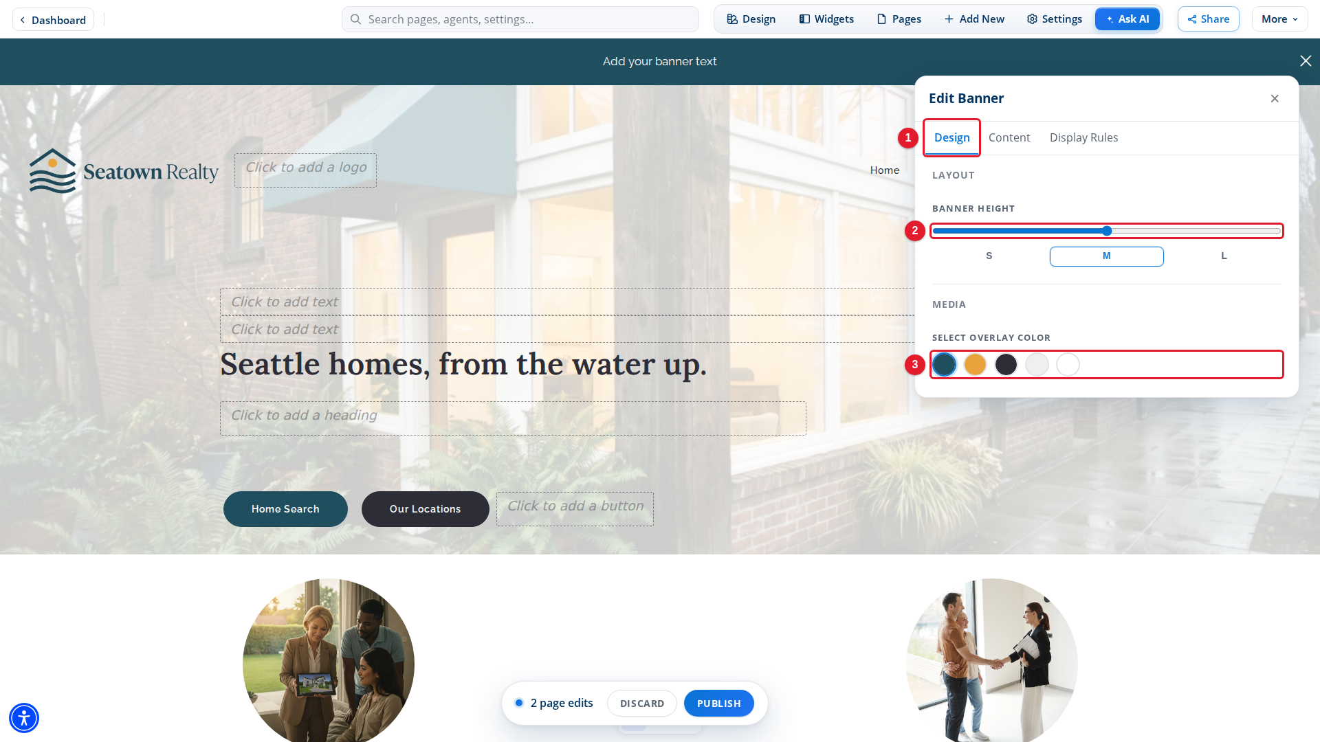 The Design tab with the banner in the preview