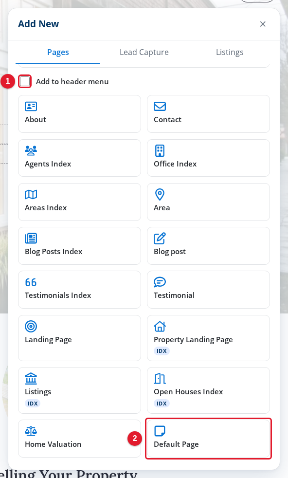 The Default Page card in the Add New panel