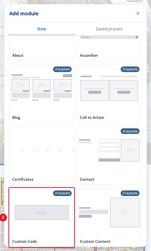 The Custom Code module type in the Add module panel
