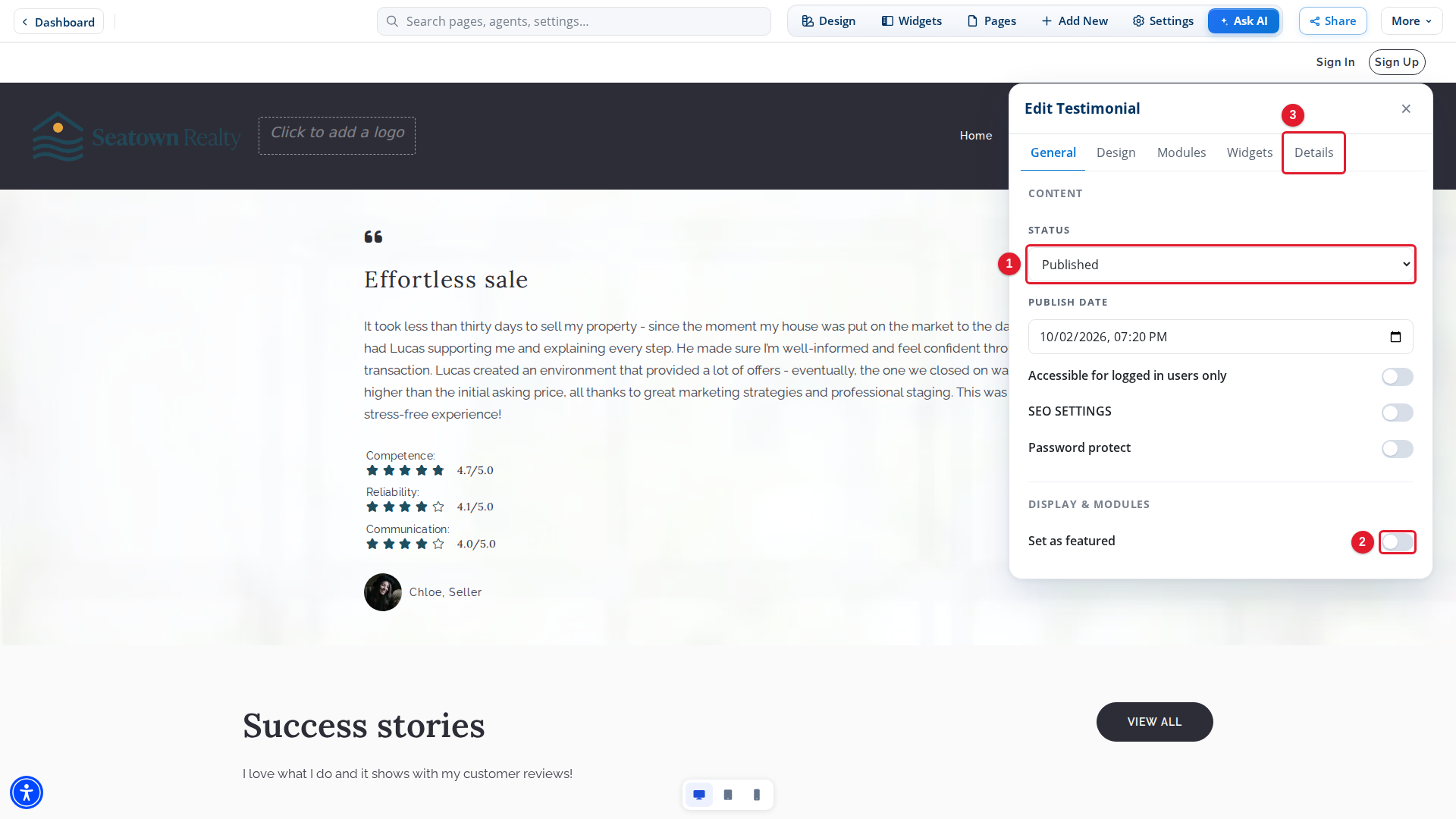The General tab of the Edit Testimonial panel