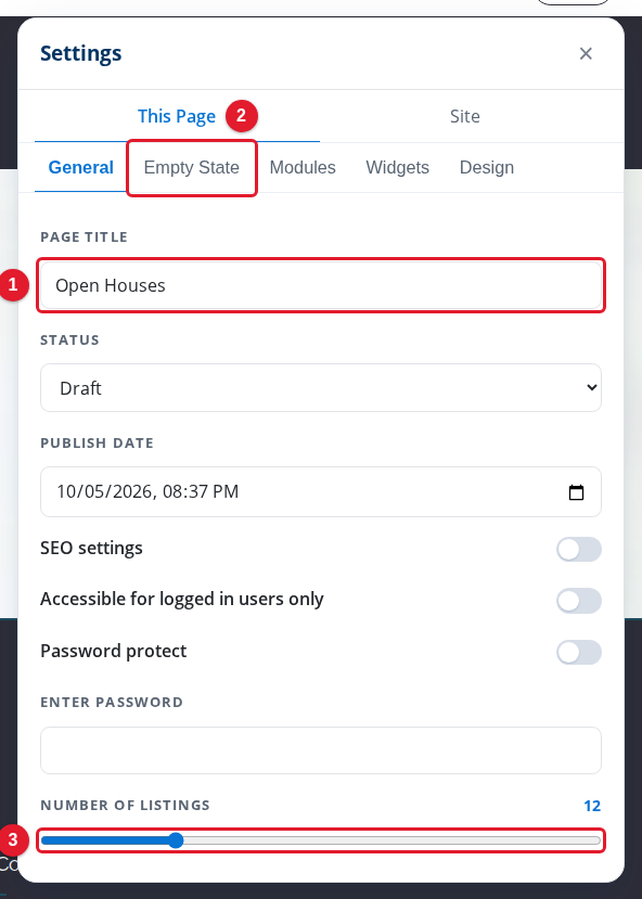 The General tab of the Open Houses page settings