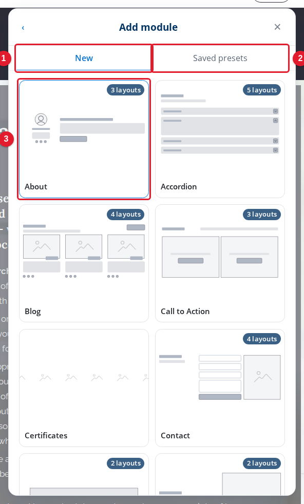 The Add module panel