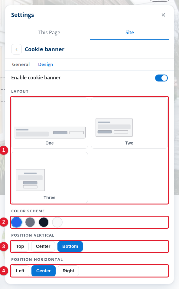 The Design tab of Cookie banner