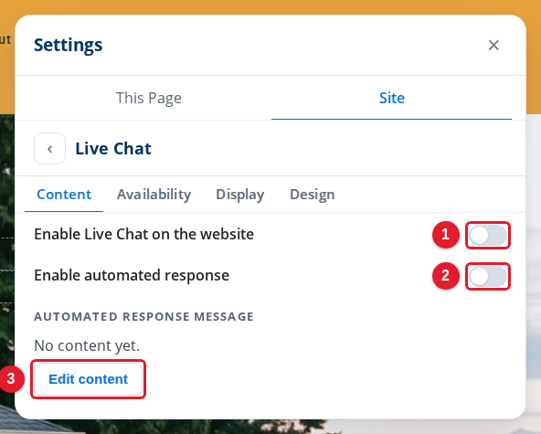 The Content tab of Live Chat