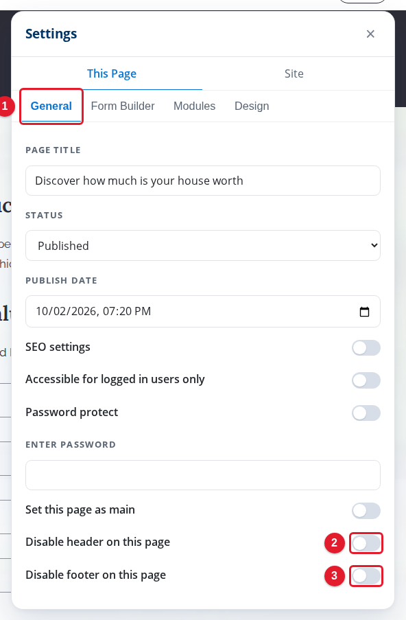 The header and footer switches on the General tab