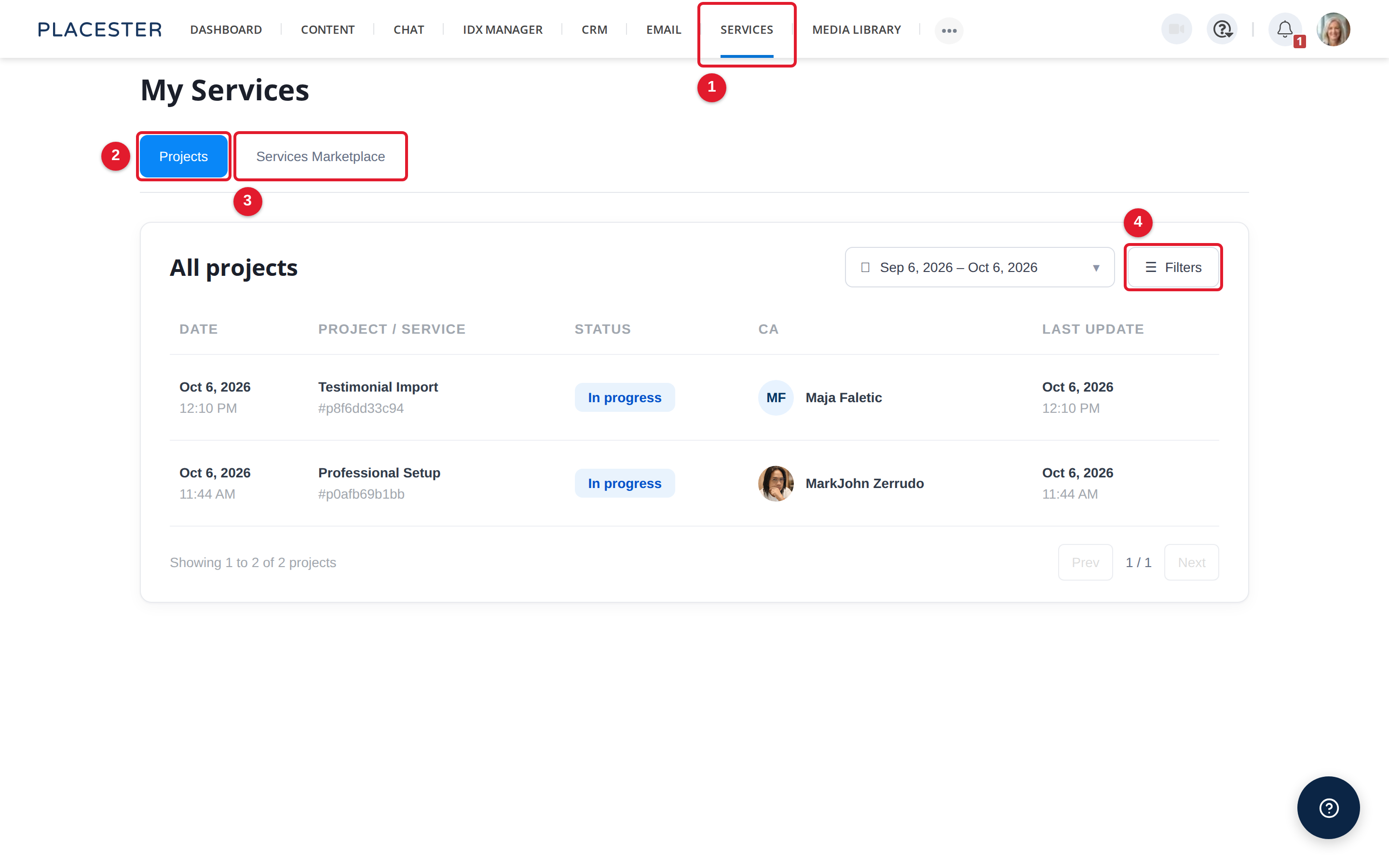 The My Services page with the Projects tab open