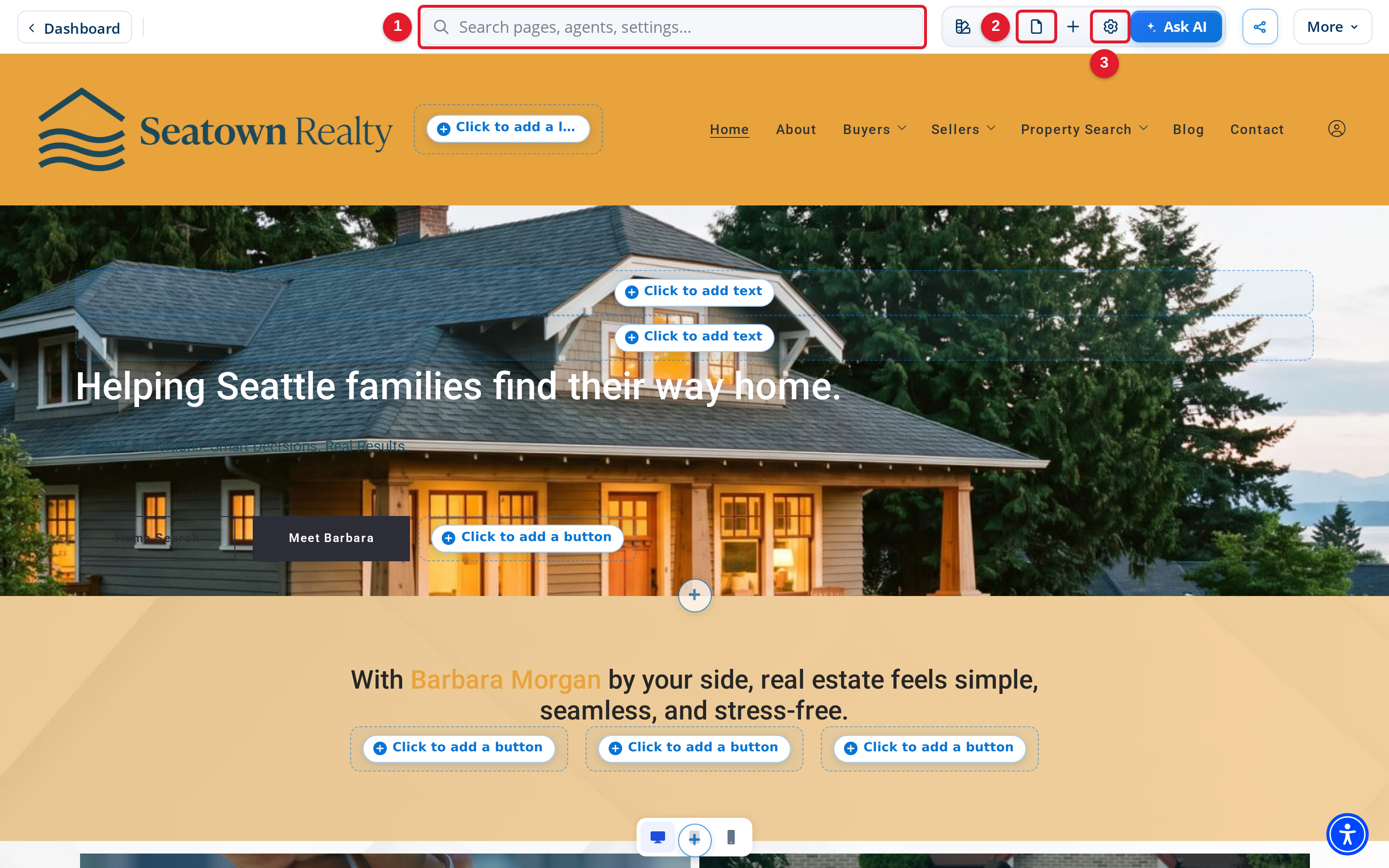 Site Edit top bar with the search box and nearby page and settings tools.