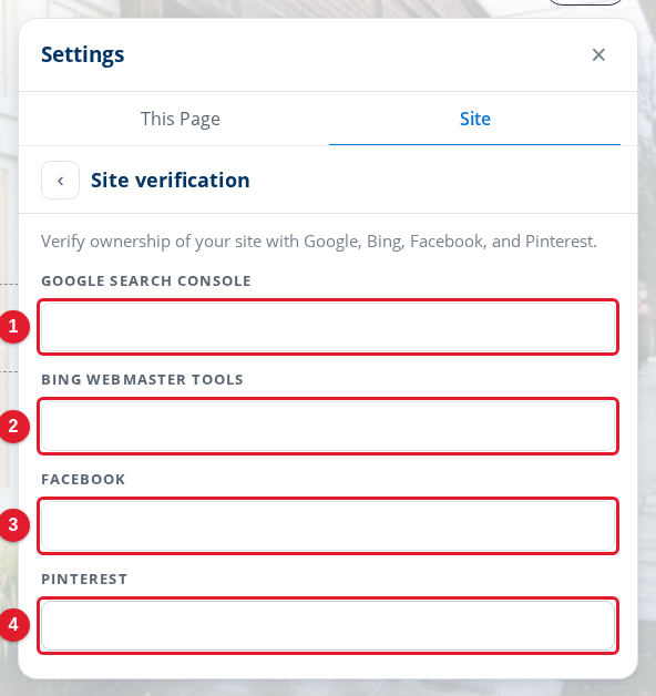 The Site verification panel