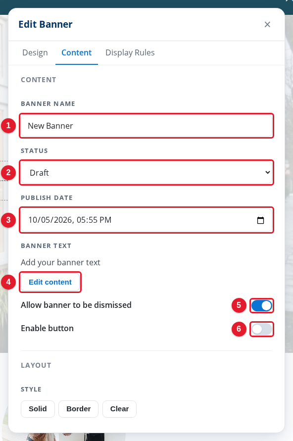 The Content tab of the Edit Banner panel