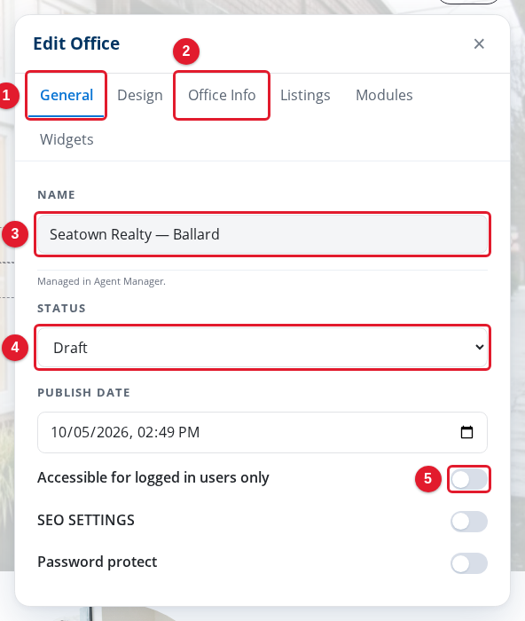 The General tab of the Edit Office panel