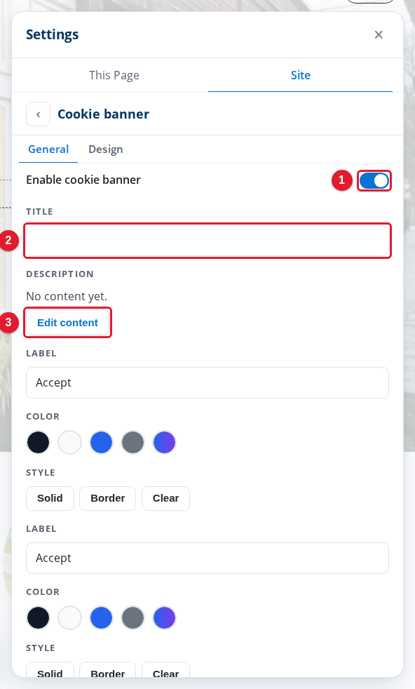The General tab of Cookie banner