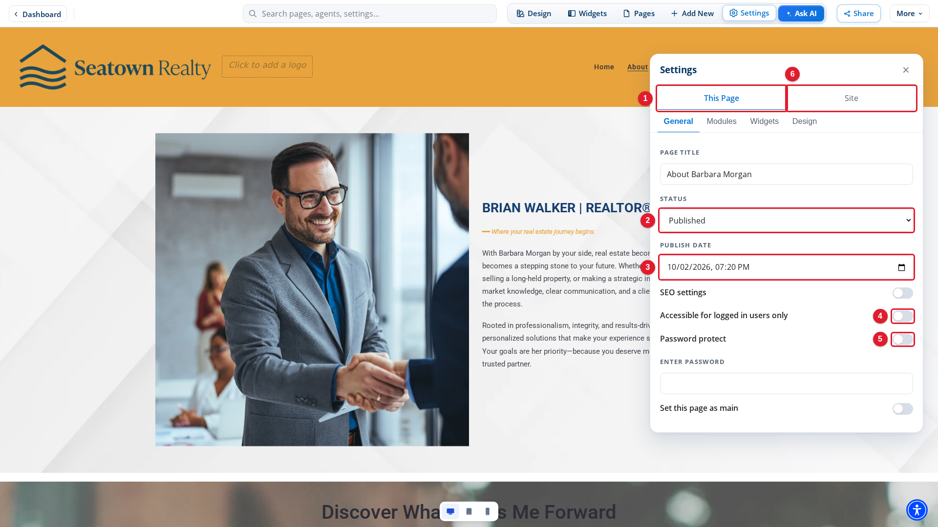 The page settings with Status and access