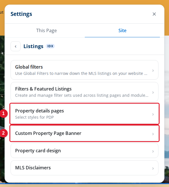 The Listings settings of the site