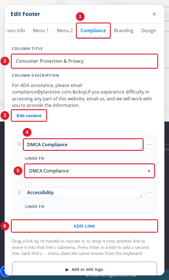 The Compliance tab of the Edit Footer panel