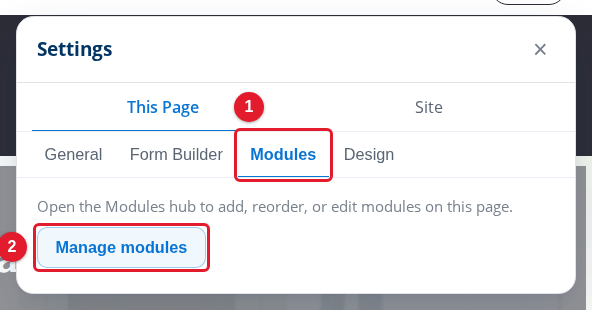 The Modules tab of the page settings