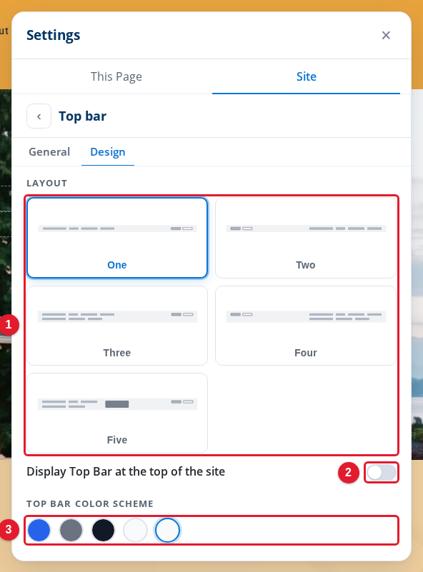 The Design tab of the Top bar settings