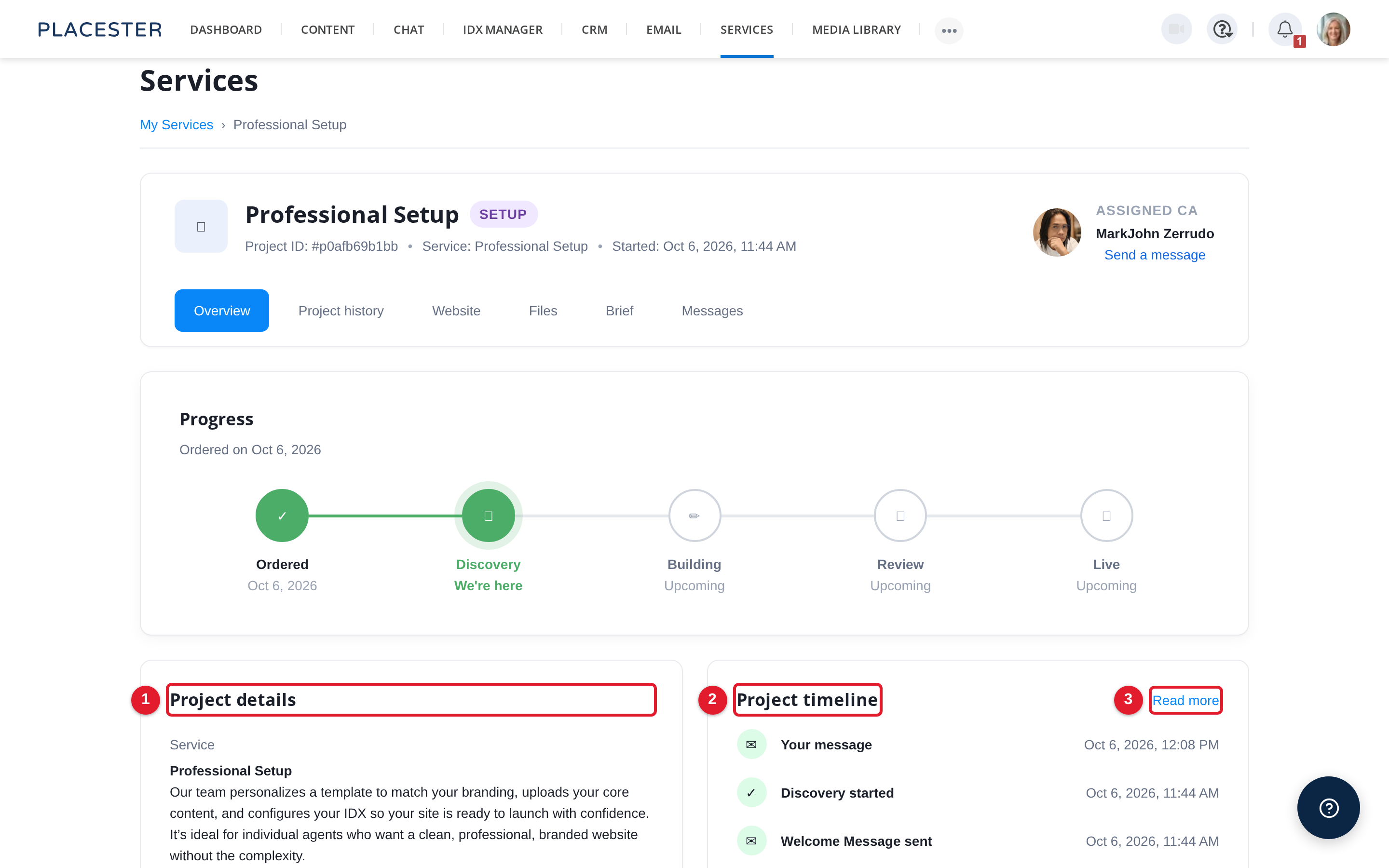 Overview tab showing Project details and Project timeline sections