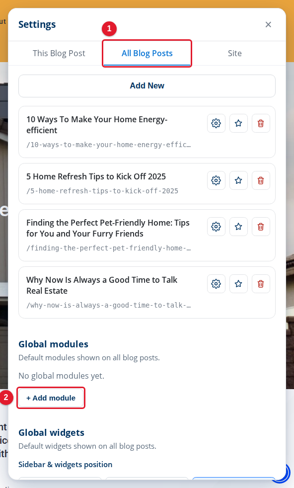 The All Blog Posts tab of Settings