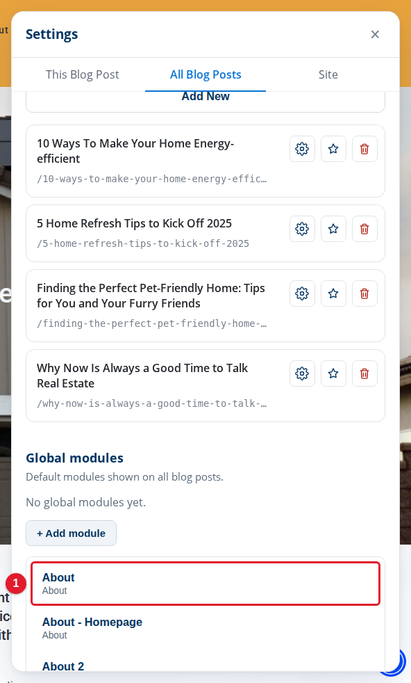 The list of saved modules under + Add module