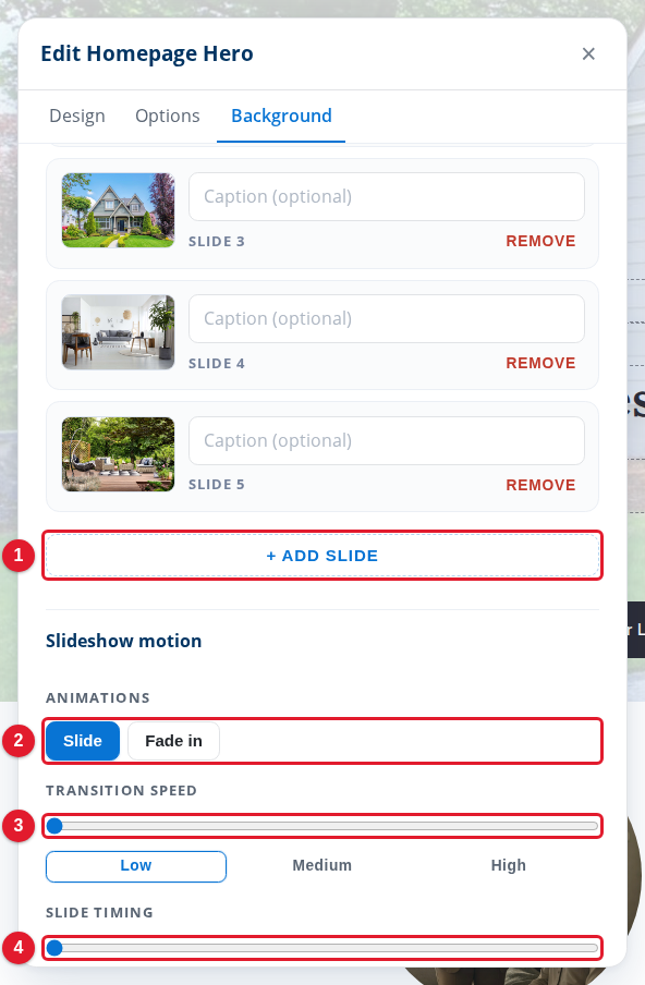 The end of the slide list and the slideshow motion settings