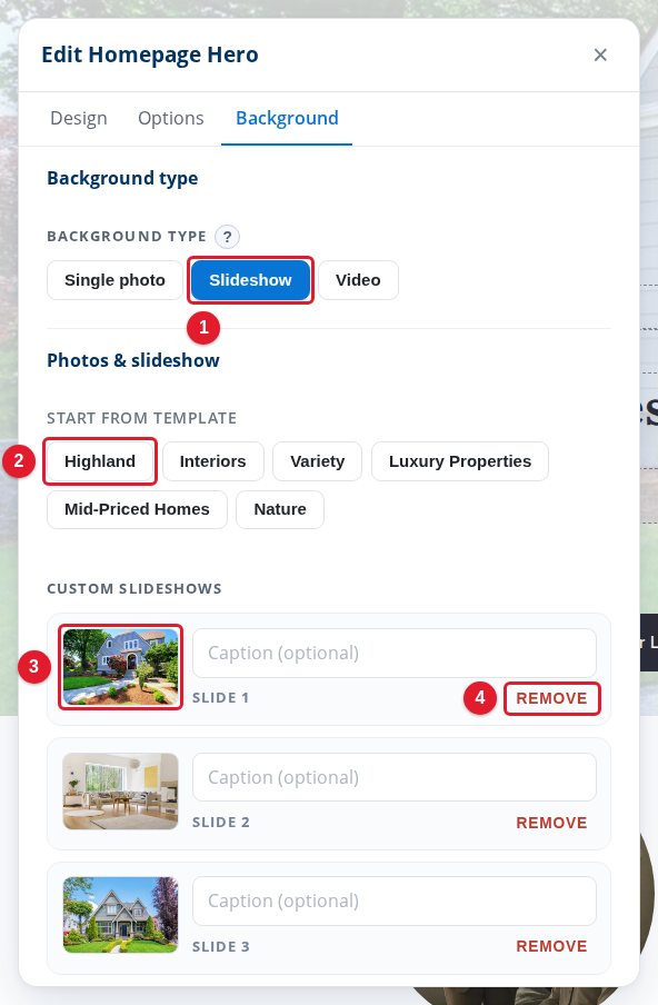The Background tab with a slideshow