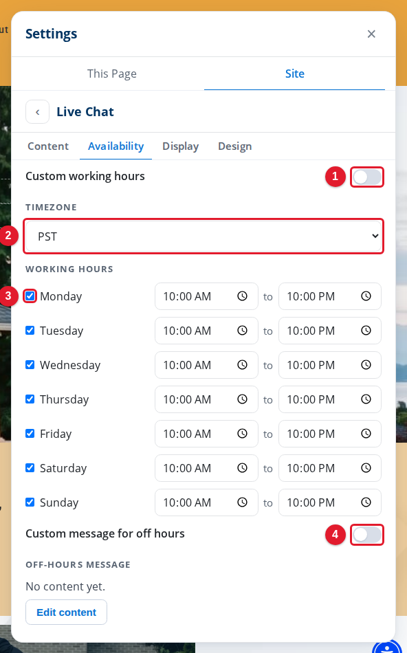 The Availability tab of Live Chat