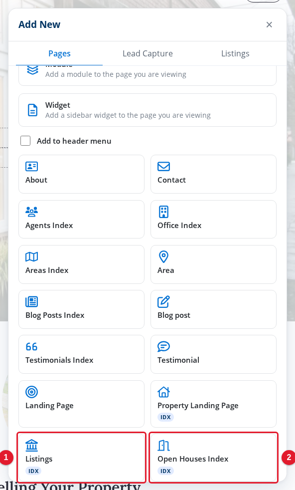 The Listings and Open Houses Index cards in the Add New panel